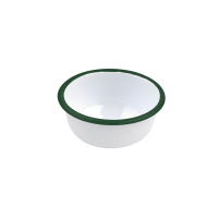 Enamel deep bowl straight edge white and steel green rim