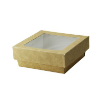 "Kray" vierkante doos van bruin karton met deksel en venster 115x115mm H40mm 350ml