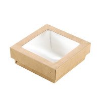 "Kray" vierkante doos van bruin karton met deksel en venster 115x115mm H40mm 350ml