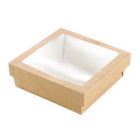 Brown square "Kray" cardboard box with PLA window lid 1000ml 20,5 x 20,5 x 4cm