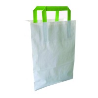 White recycled paper carrier bag with green handles 200x100mm H280mm