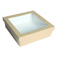 "Kray" vierkante doos van bruin karton met deksel en venster 245x245mm H80mm 4 200ml