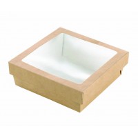 "Kray" vierkante doos van bruin karton met deksel en venster 155x155mm H50mm 900ml