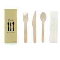 Wooden cutlery kit 4 / 1: fork knife tablespoon, napkin, kraft wrap  H165mm