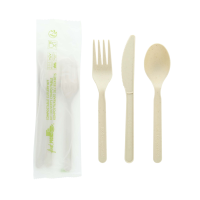 Bamboo fiber & CPLA cutlery kit 3/1: fork knife spoon, compostable wrap